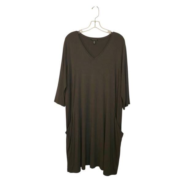Eileen Fisher V-Neck A-Line Dress Size XL Gray Elevated Casual Jersey Shift - Picture 2 of 12